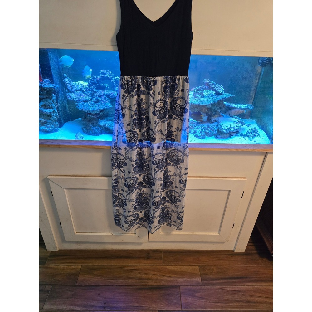 Love Ady Navy Blue Paisley Sheer Overlay Maxi Dress V-Neck Sleeveless Large